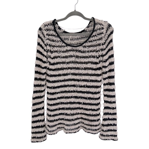 Free People Sweater Boho Fuzzy Stripe Pullover Bell Sleeve Ivory Black M - Picture 2 of 7